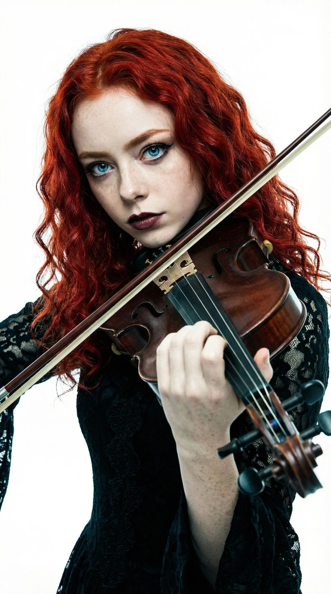 Clara Meier, Pink Paradox progressive metal band violinist, with her long curly red hair and blue eyes playing a violin.