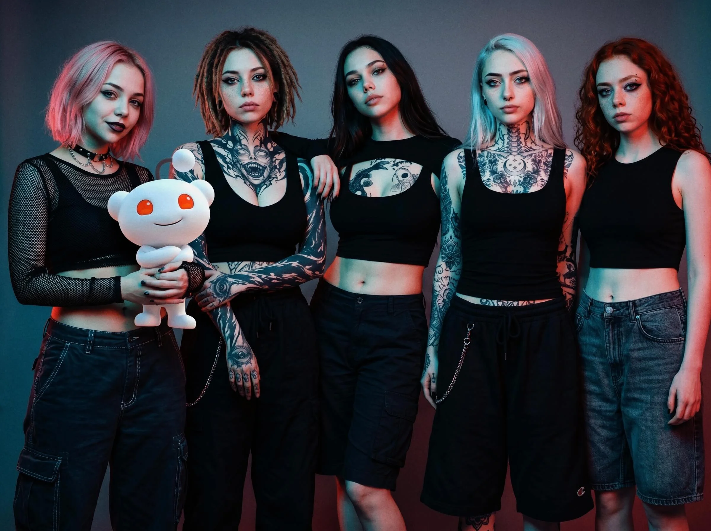 The all female nu-metal band Pink Paradox posing in 2026 with the Reddit mascot to announce the launch of their new Reddit community at r/PinkParadoxBand