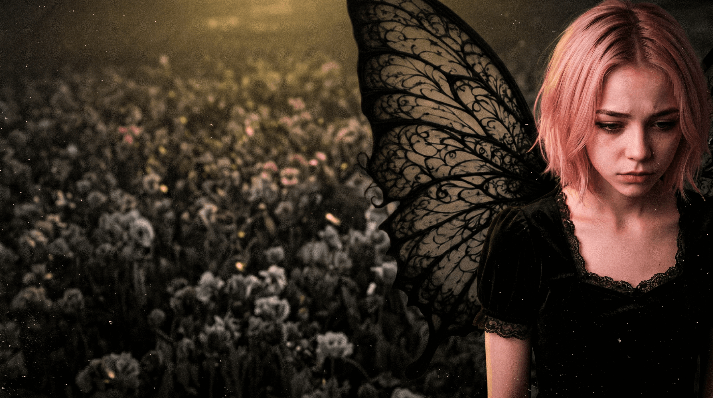 Photo of Rosa Thorn, Pink Paradox lead female metal singer, wearing a black goth dress and butterfly wings, looking down, in front of a flowers field