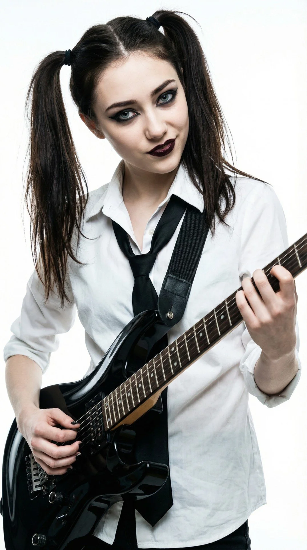 Lisa Renard, Pink Paradox post-hardcore band guitarist with her dark hair in pigtails, makeup with dark lipstick and eyeshadow, wearing a white shirt, black tie, and playing a black electric guitar.