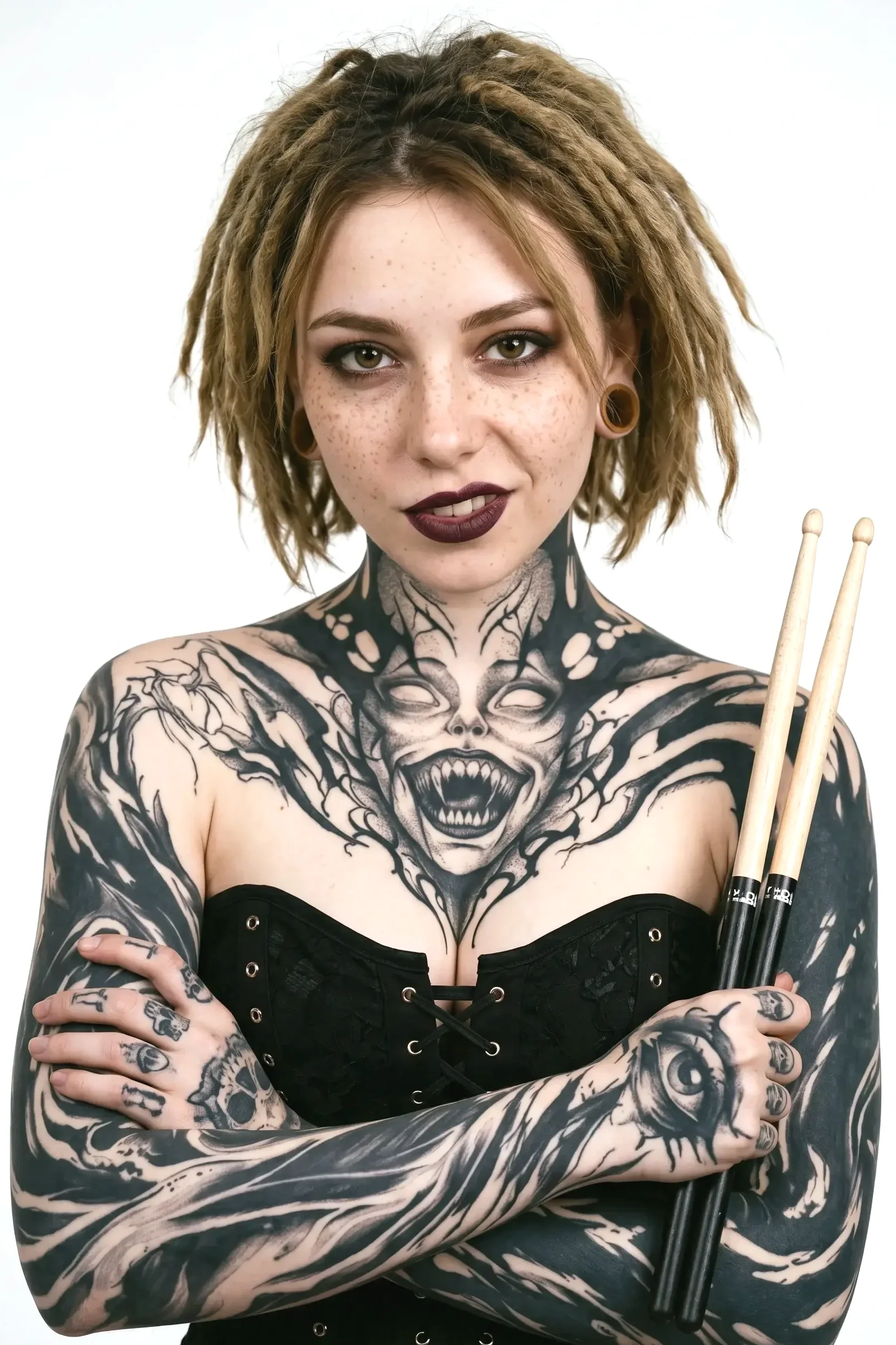 Olivia Ward, loud drummer of the female metalcore band Pink Paradox, with tattoos covering her arms, shoulders, chest, and neck, holding two drumsticks with her arms crossed in front of her chest.