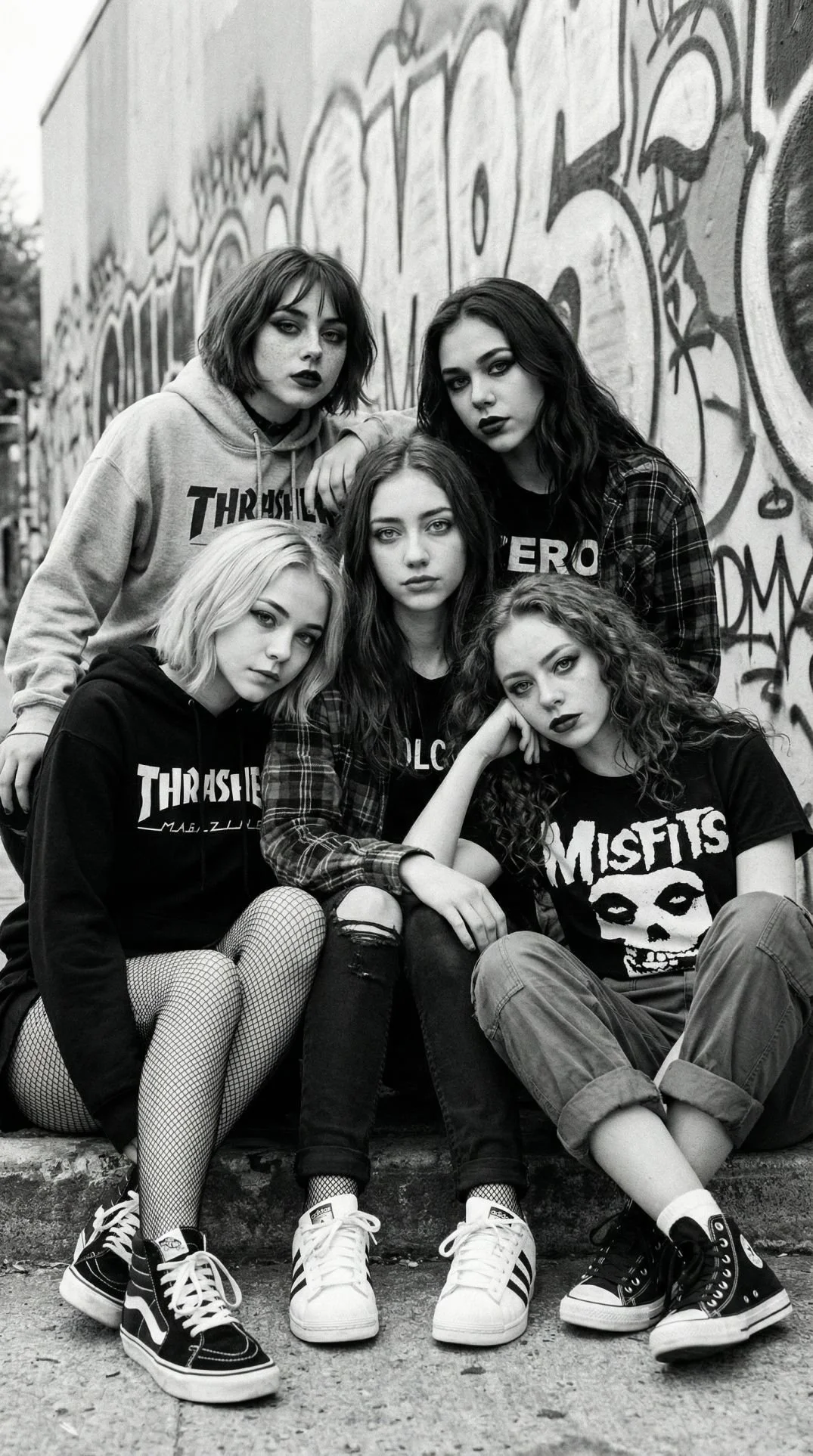 Pink Paradox all female metal band posing together in front of a graffiti wall, black and white photo.