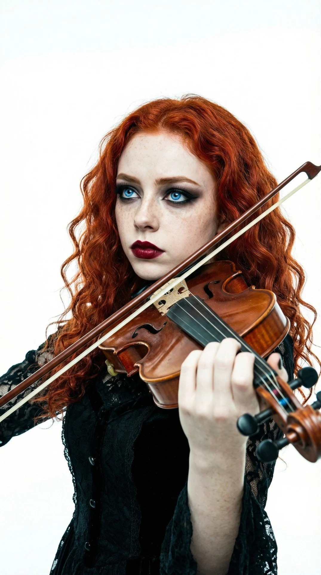 Clara Meier, Pink Paradox female metal band violinist, with long, curly red hair playing a violin.