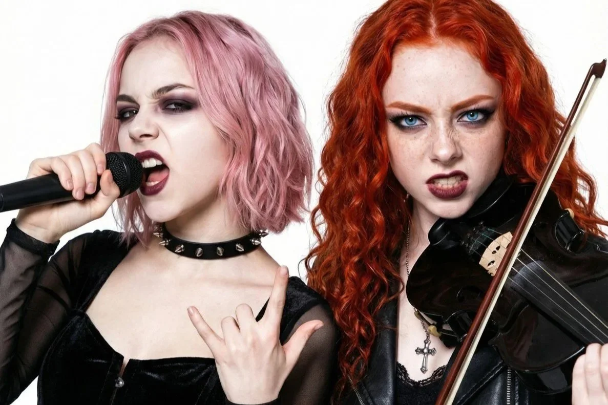 Rosa Thorn and Clara Meier, singer and violinist from the nu-metal band Pink Paradox, with colored hair and bold makeup, one singing into a microphone with a rock hand gesture, and the other playing a violin, both expressing intense emotions.