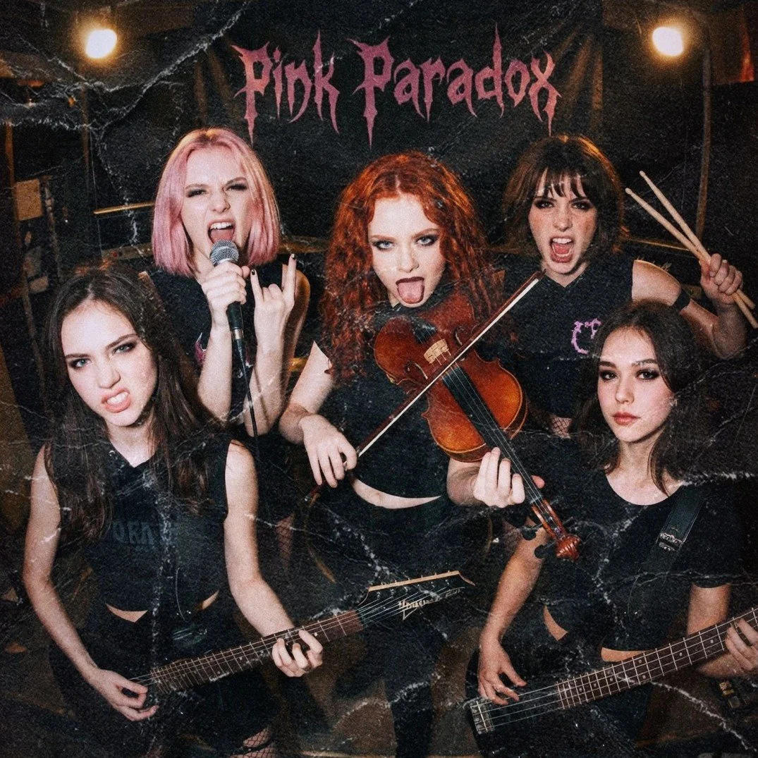 Pink Paradox all female metal band posing together on stage.