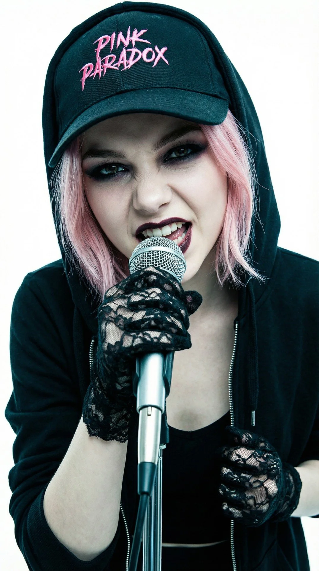 Pink Paradox all female metal band lead singer Rosa Thorn singing in her microphone on a white background.