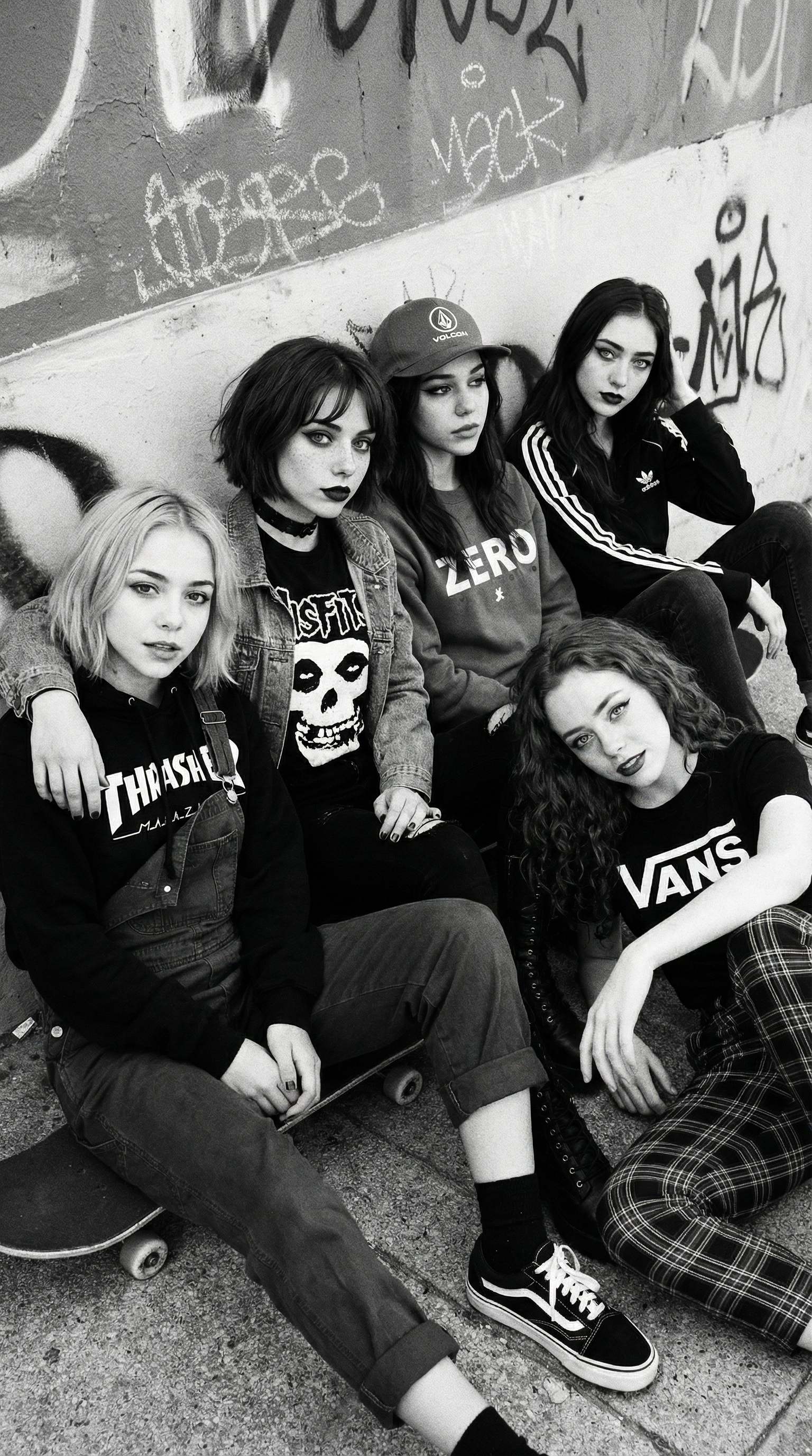 Pink Paradox band sitting on their boards in Barcelona adorned in their skater outfits 