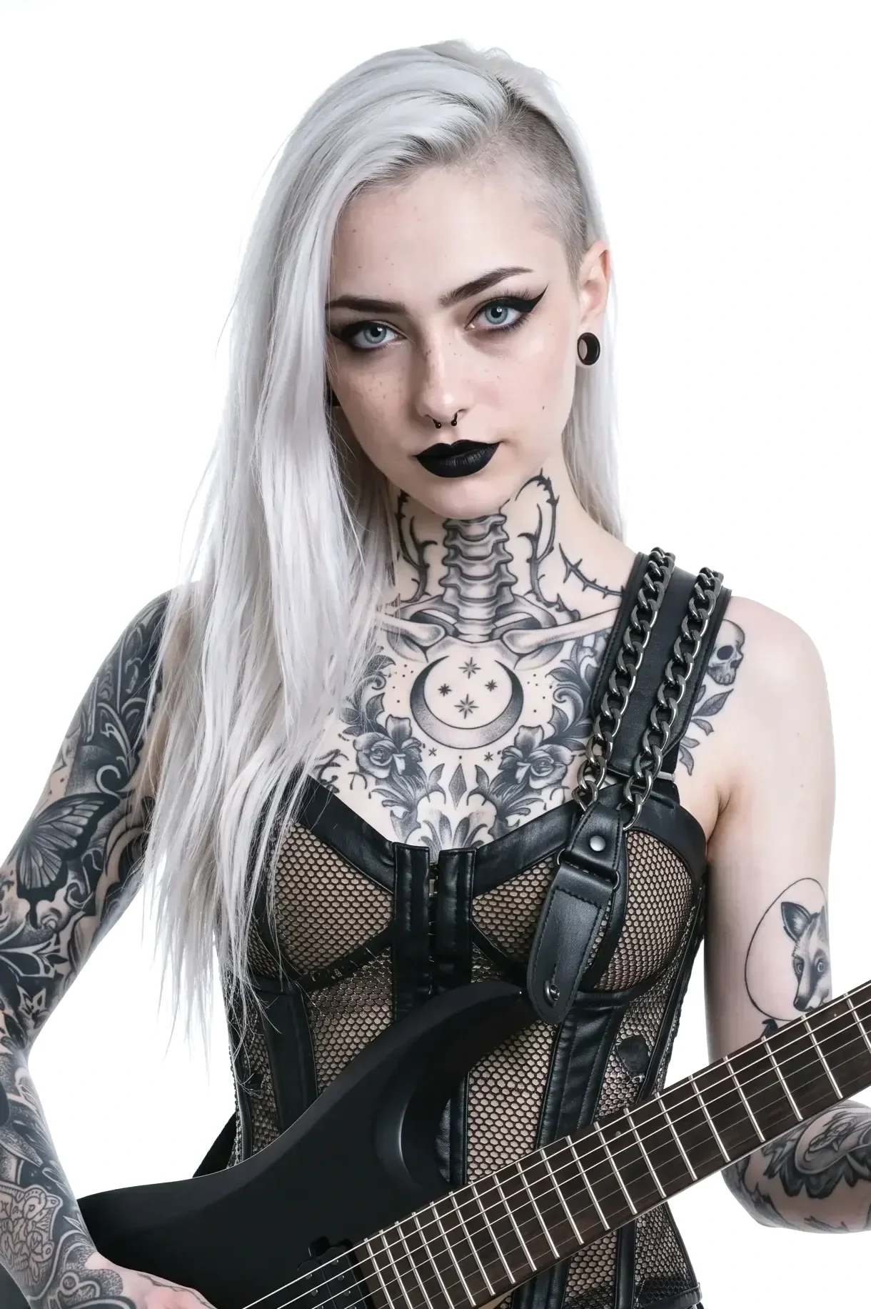 Lisa Renard, heavy guitarist of the female nu-metal band Pink Paradox, is posing with multiple tattoos on her neck and arms. She is dressed in a black mesh crop top with leather straps and is holding a black electric guitar.