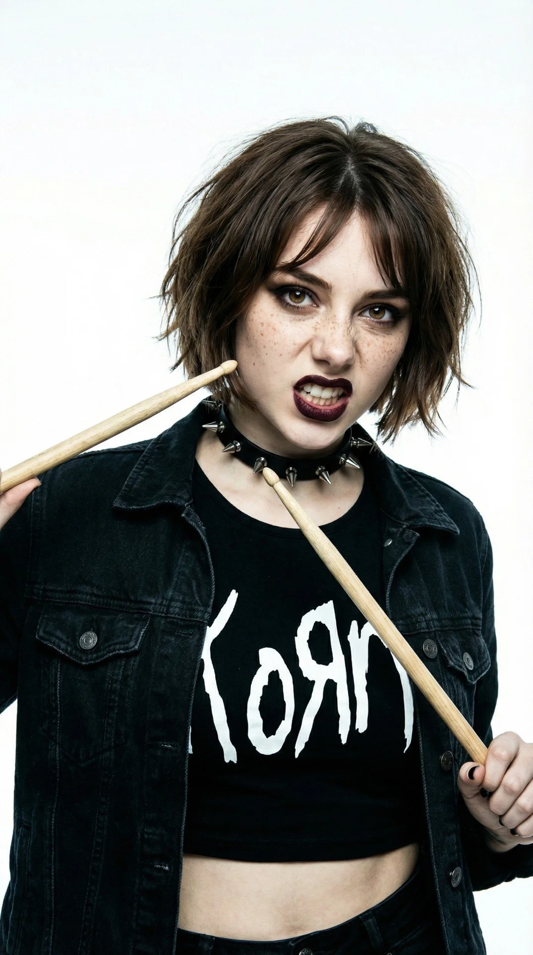 Olivia Ward, Pink Paradox loud metalcore band drummer, with her brown bob haircut, wears dark makeup, a spiked choker, a black graphic crop top, and a black jacket while holding drumsticks near her face, posing with a rebellious expression.