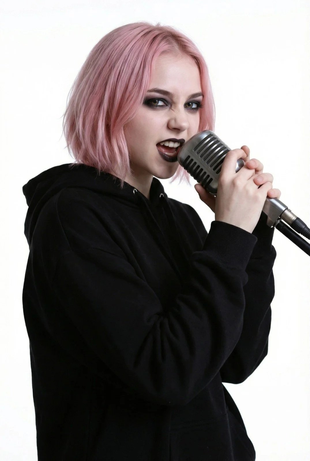 Rosa Thorn, Pink Paradox metal band lead singer, with her pink hair and dark makeup singing into a vintage microphone, wearing a black hoodie.