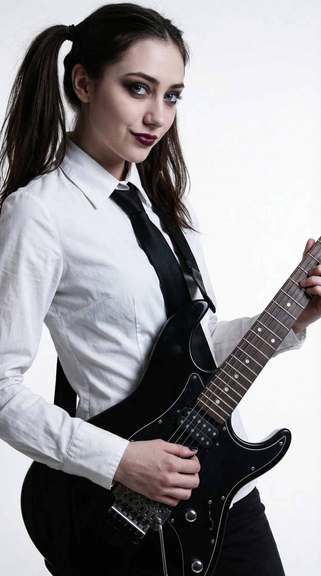 Lisa Renard, Pink Paradox female metal band guitarist, with long dark hair and dark lipstick holding an electric guitar.