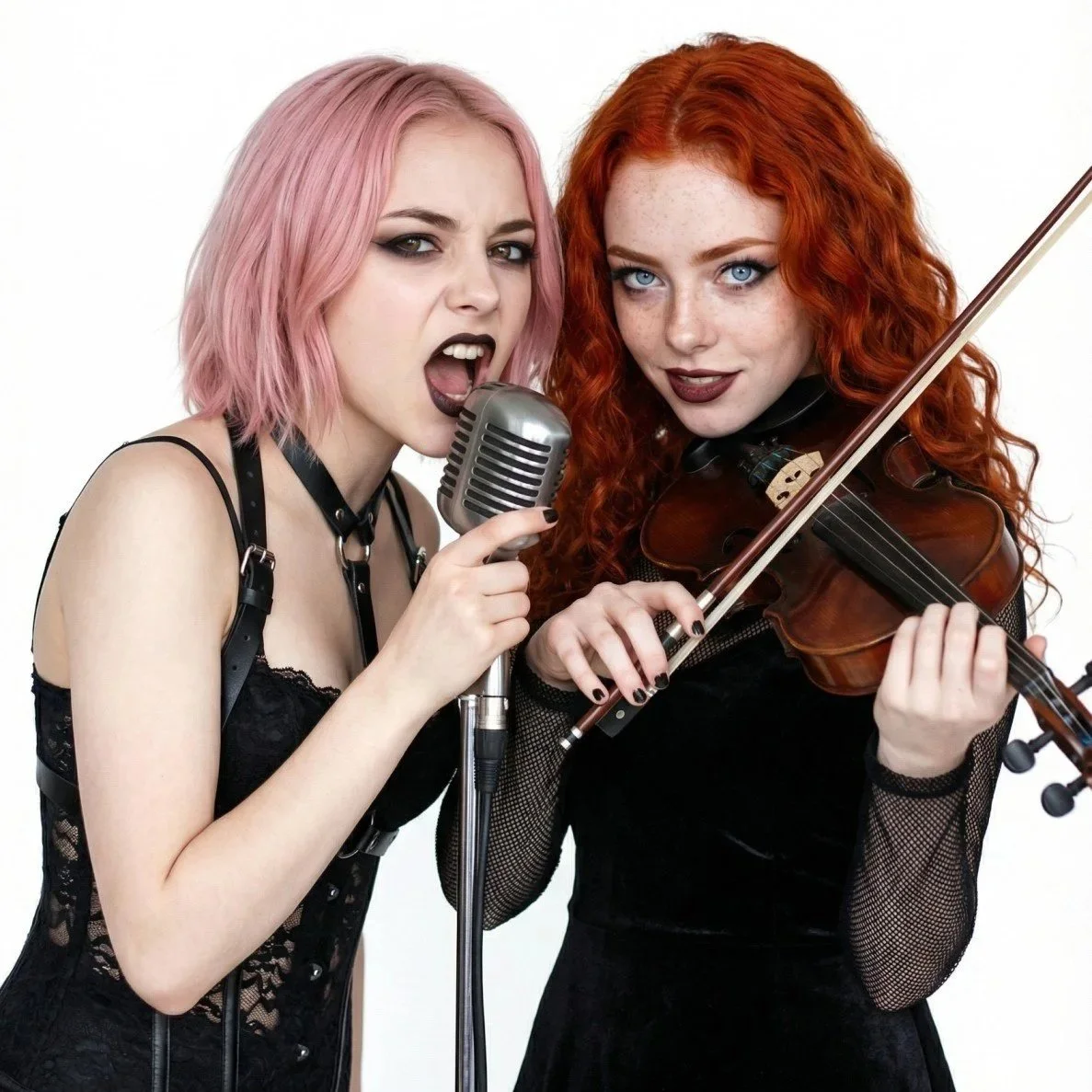 Rosa Thorn, Pink Paradox metal band lead singer, with her pink hair, and Clara Meier, the violinist, with her long red curls, posing with musical instruments and a vintage microphone, in a style reminiscent of punk or goth fashion.