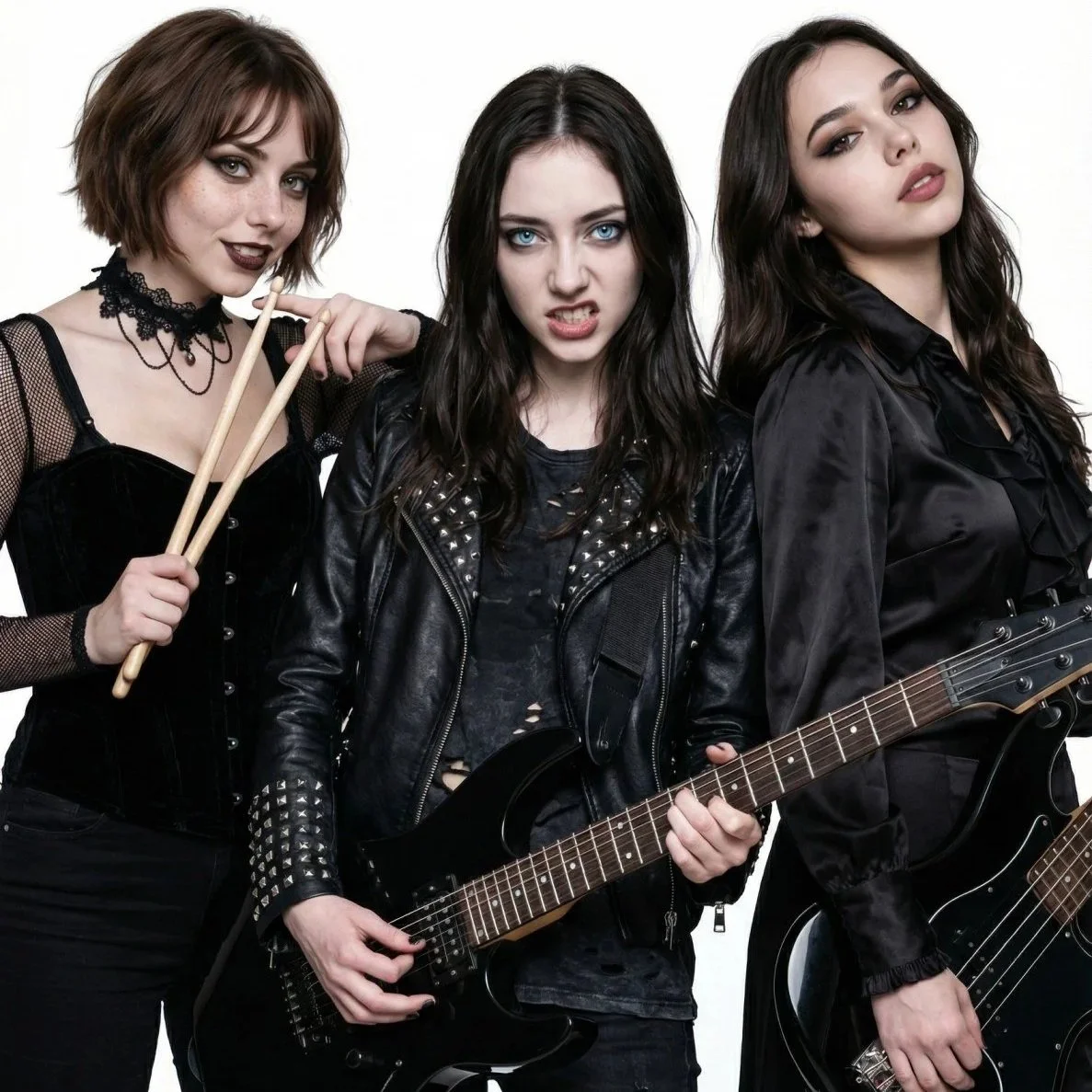 Three young women, Olivia Ward, Lisa Renard, and Alessia Nakamura, from Pink Paradox all female metal band, dressed in black, posing confidently with musical instruments against a white background.