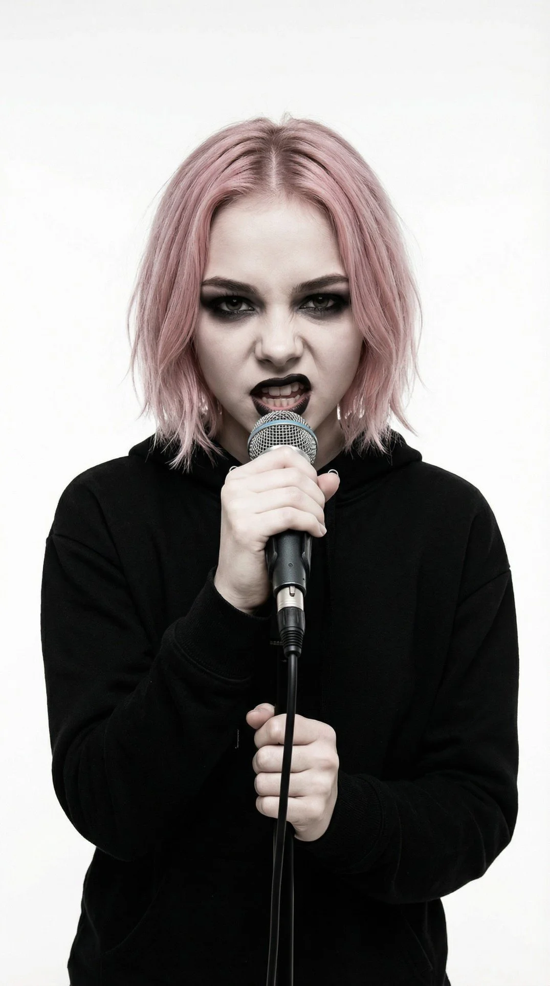 Rosa Thorn, Pink Paradox metal band lead singer, with her pink hair and dark makeup, wearing a black hoodie, is holding a microphone and looking intensely at the camera against a plain white background.