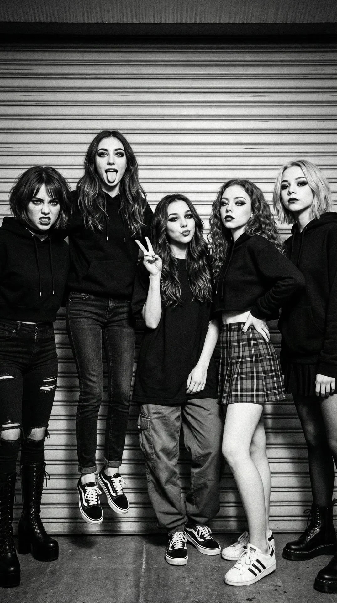 Pink Paradox all female metal band posing together in front of a closed store, black and white photo.