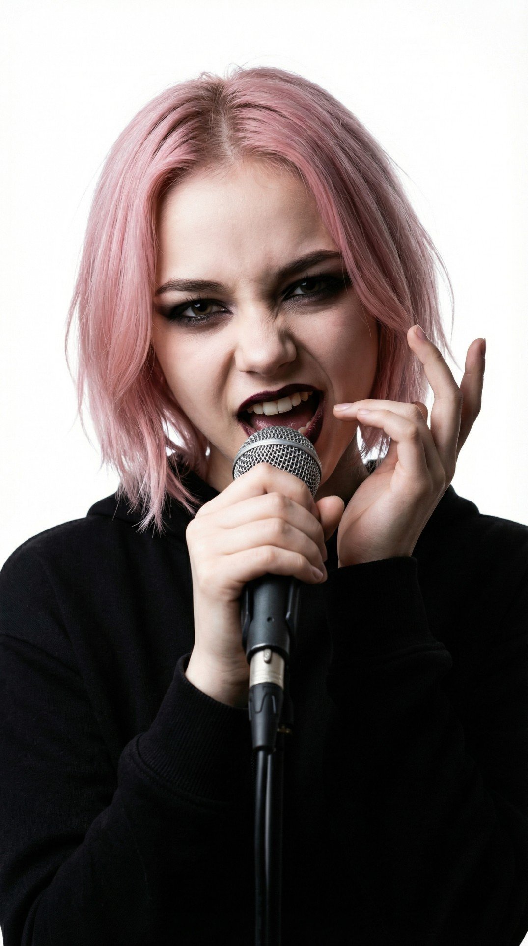 Rosa Thorn, Pink Paradox metal band lead singer, with her pink hair singing into a microphone, making a fierce facial expression.