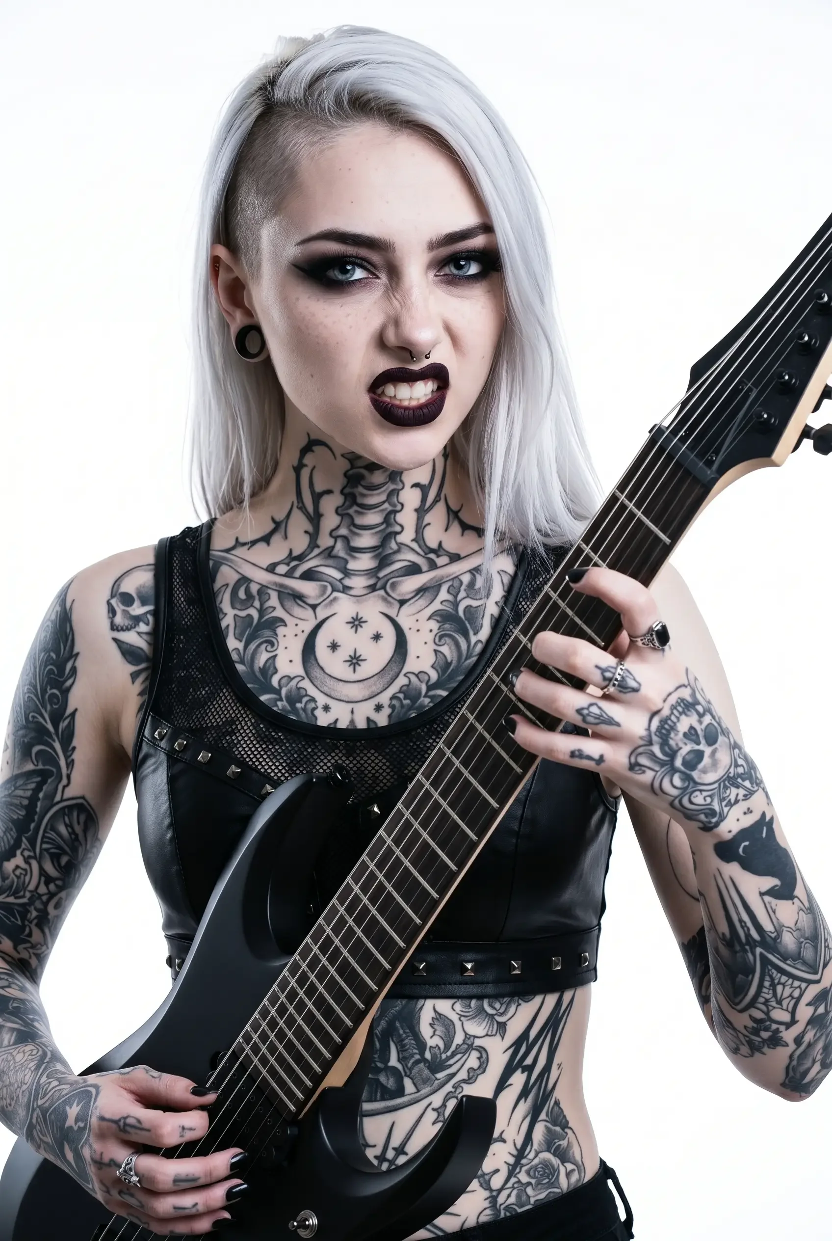 Lisa Renard, heavy guitarist of the female nu-metal band Pink Paradox, with tattoos on her arms, chest, and stomach, wearing black makeup and a black leather top, playing her 7 chords electric guitar, with an intense expression.