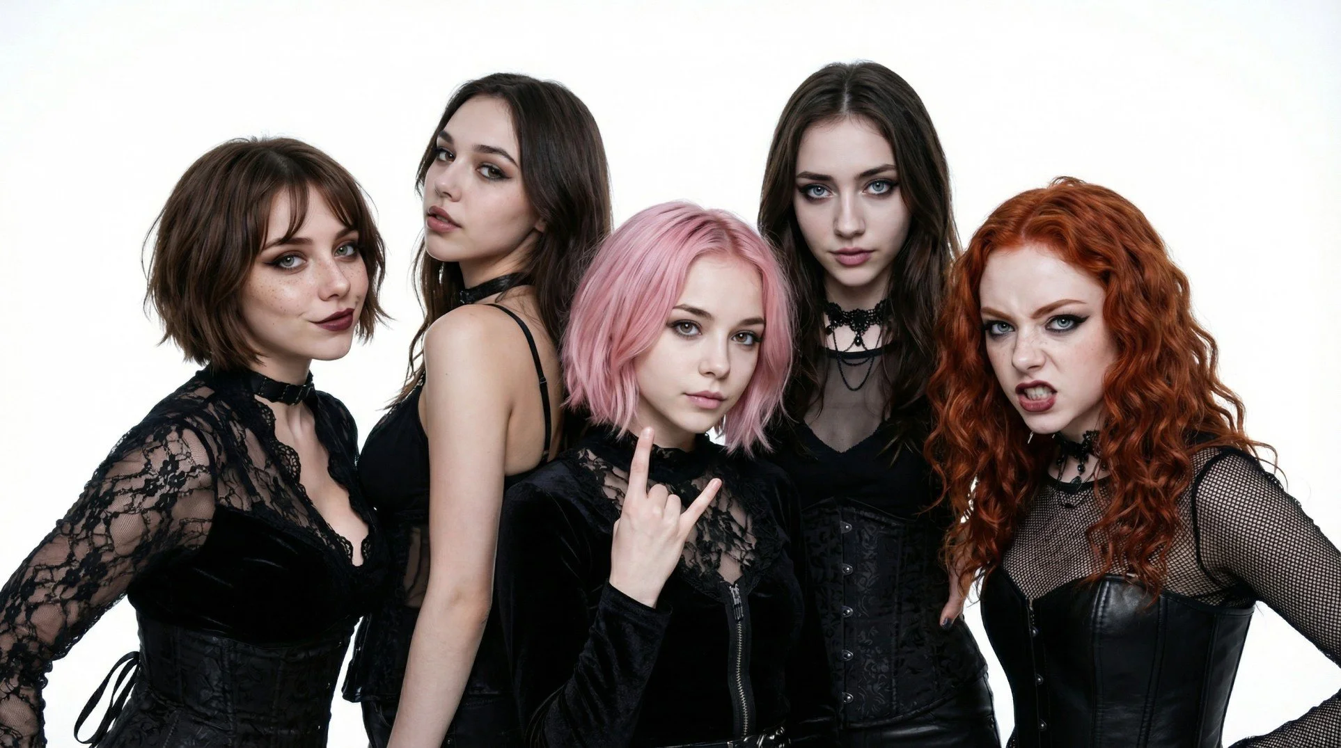 Pink Paradox all female metal band posing together on a white background.