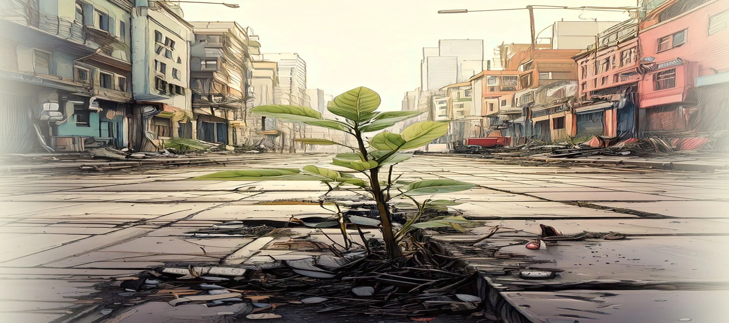 A small green plant growing through cracked pavement in an abandoned urban street with dilapidated buildings.