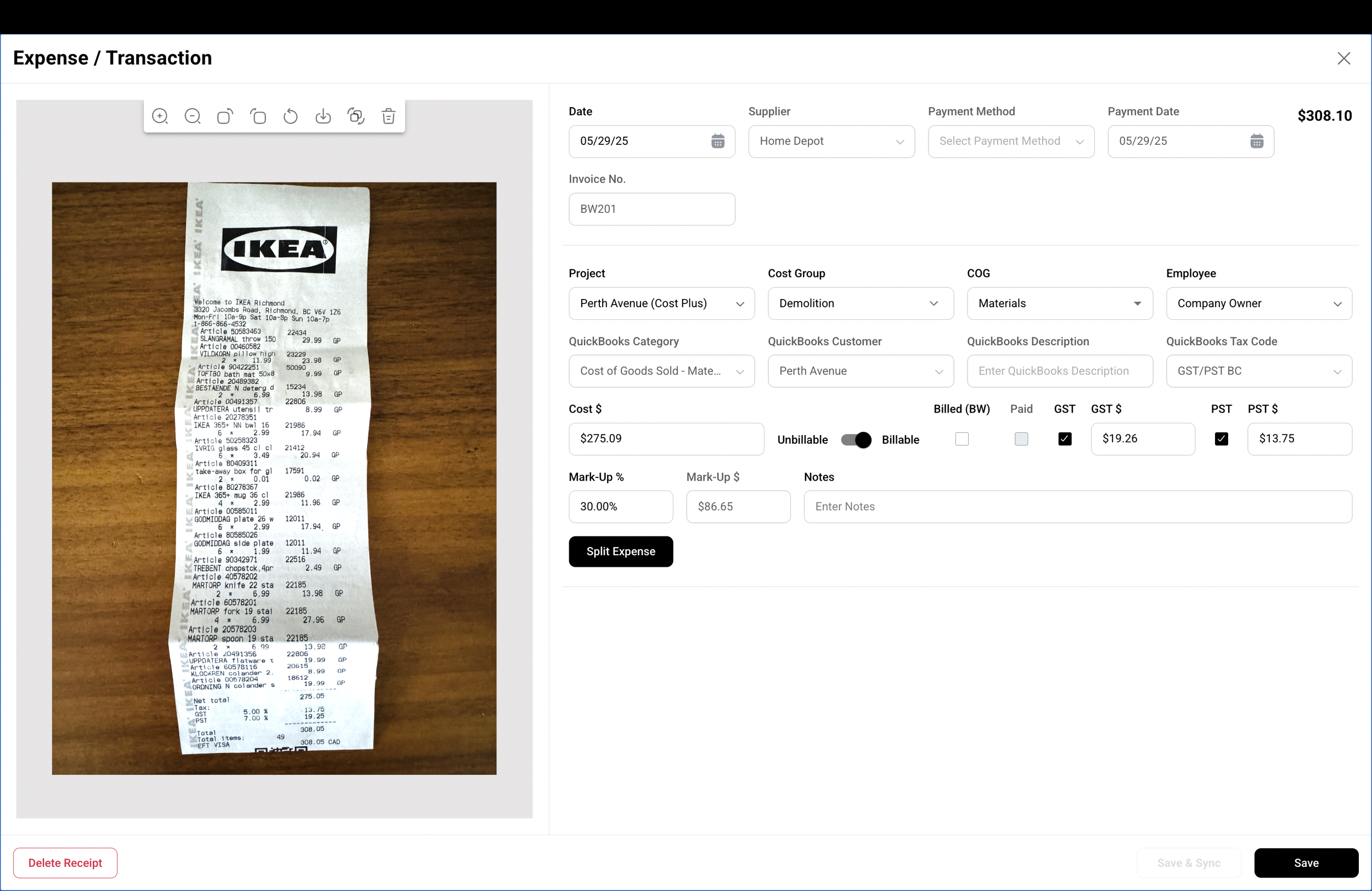IKEA receipt on a wooden surface, showing the itemized list of purchased products, prices, and total cost of $308.10.