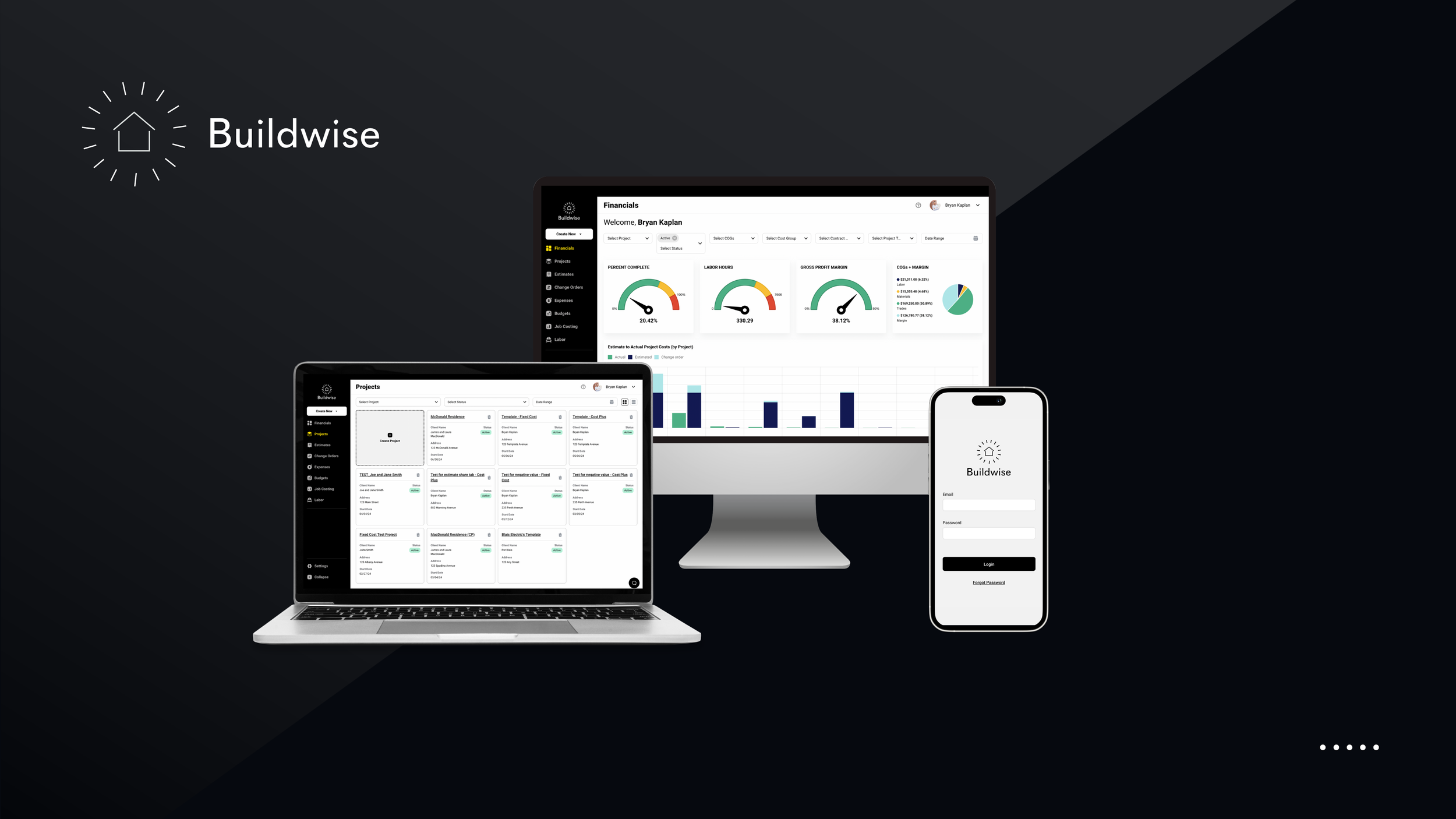 A dark background featuring a logo with a house icon and the text 'Buildwise' on the top left. In the center, a desktop monitor displays a dashboard with charts and graphs, a laptop shows a project management interface, and a smartphone screen displays a login page for Buildwise.