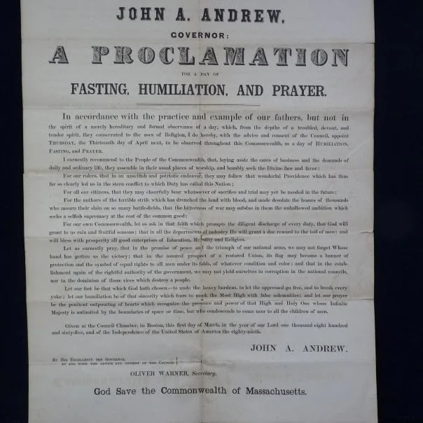 Proclamation for a Day of Fasting, Humiliation, and Prayer.                   Issued by Governor John A. Andrew, Commonwealth of Massachusetts, March 1, 1865
