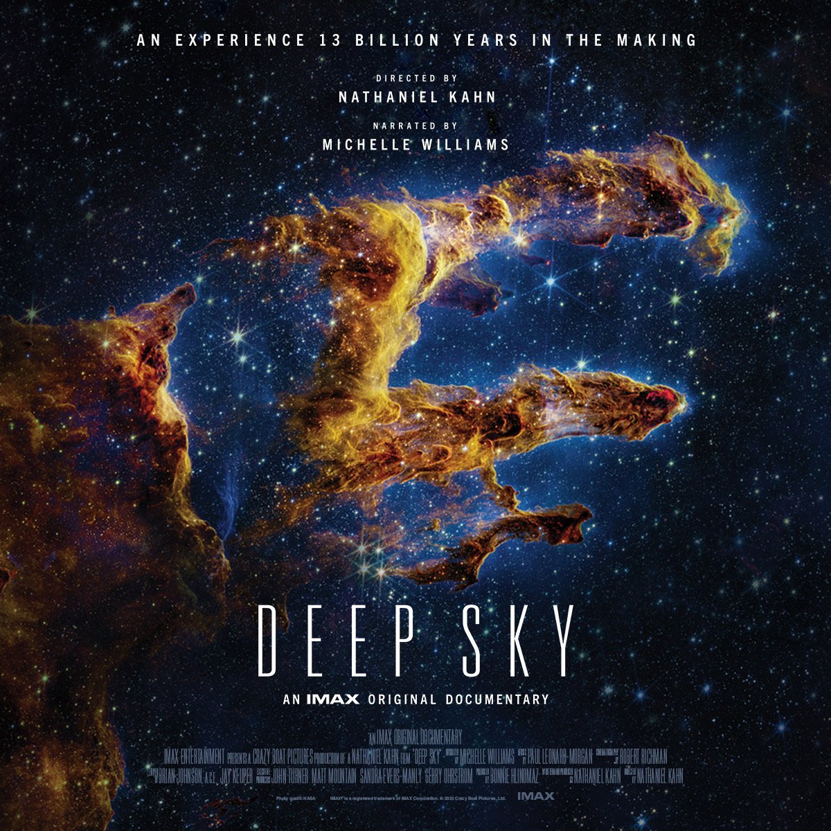 Poster for the documentary 'Deep Sky' featuring an image of a colorful nebula in space with stars, and text about the film's making, director, narrator, and release.