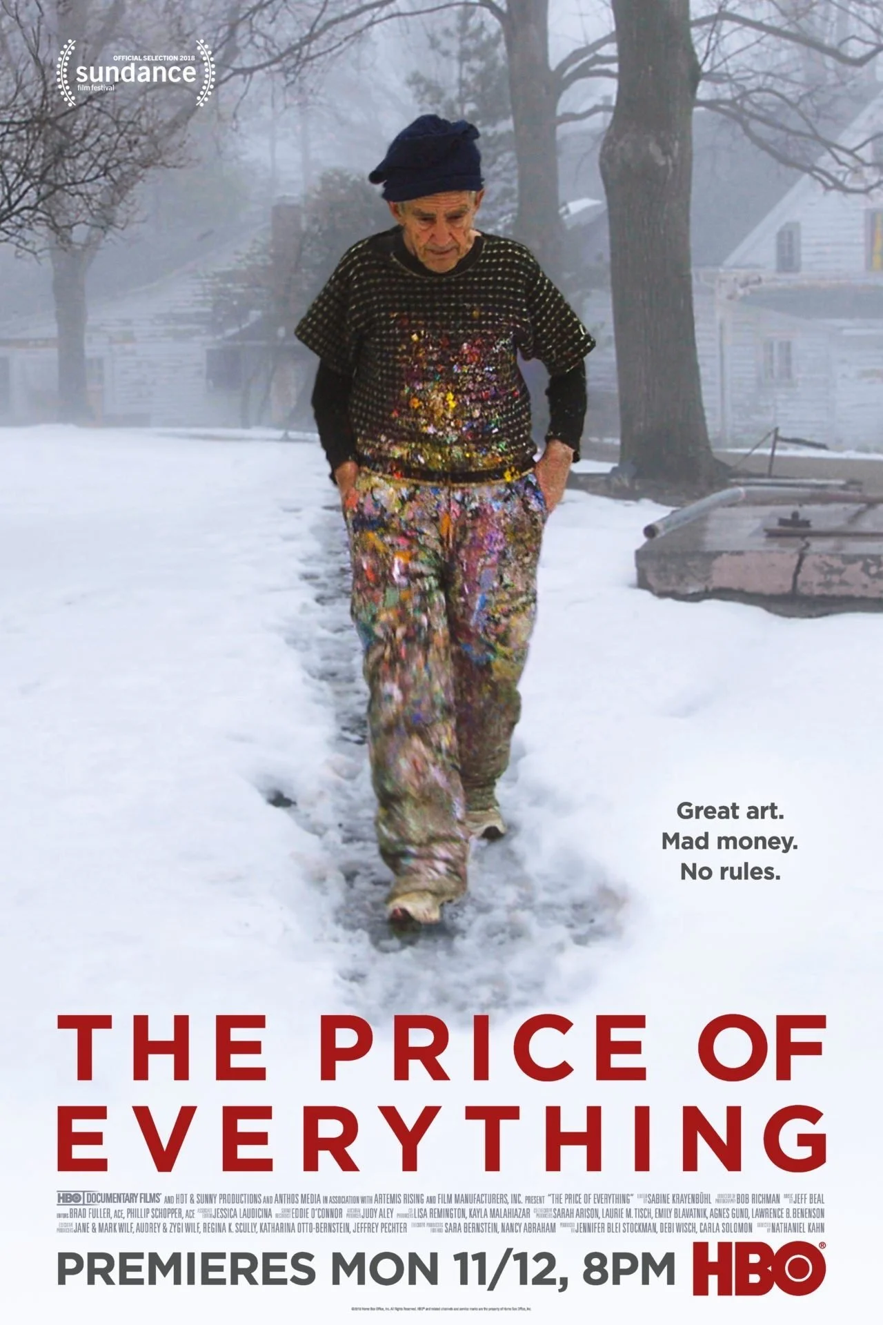 A woman walking on a snowy path, wearing artistic, paint-splattered pants and a painted top. The background features snow-covered houses and trees, with a misty atmosphere. Text on the image mentions Sundance Film Festival and HBO premiere details for "The Price of Everything."