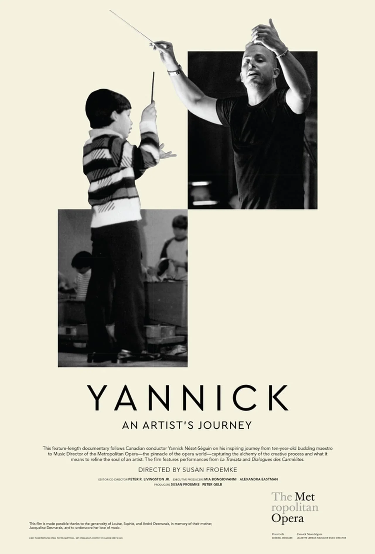 Poster for a documentary titled "Yannick: An Artist's Journey" featuring images of a young boy conducting and an adult man conducting, both in black-and-white photos.