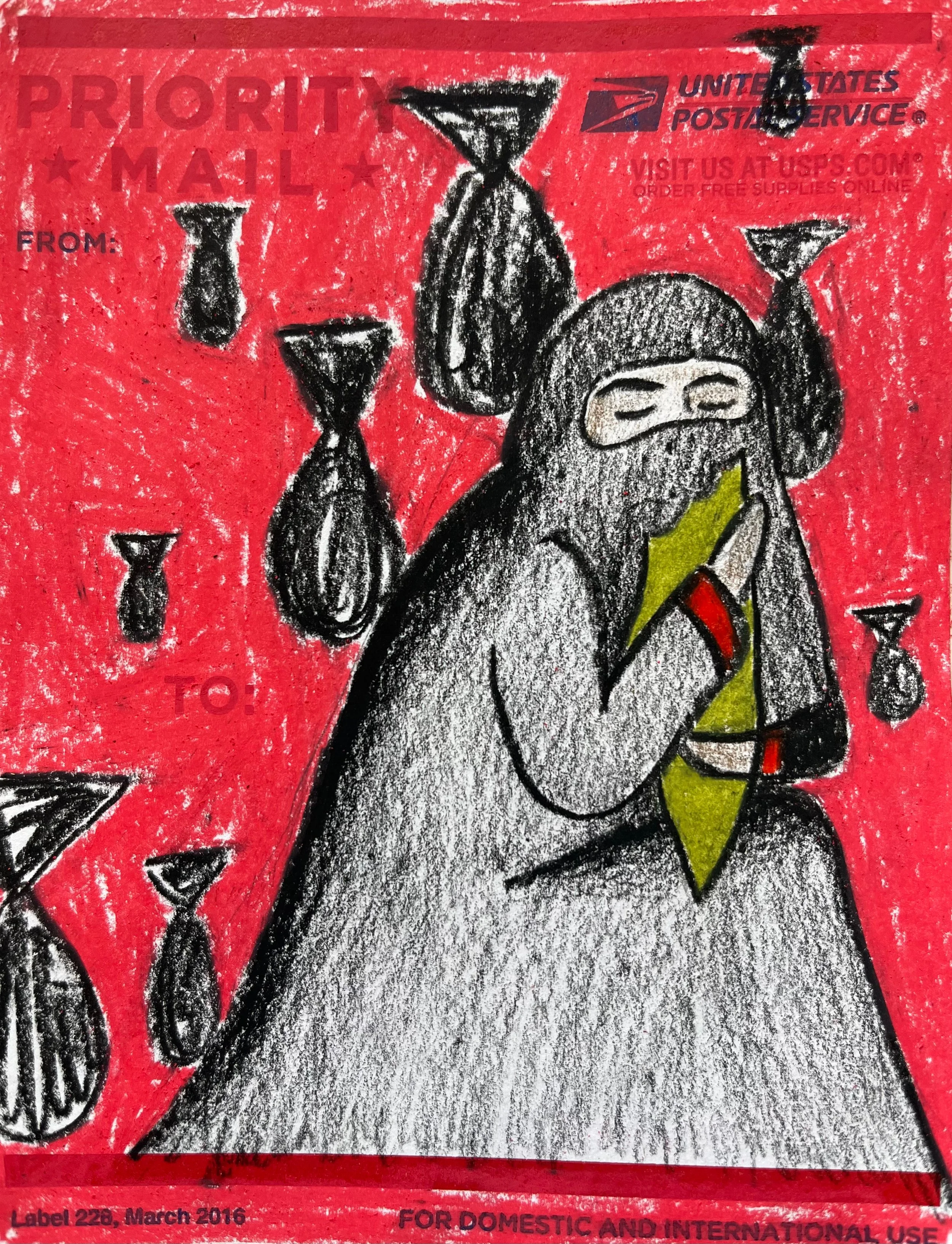 Priority Mail, 2024.
Prismacolor on repurposed priority mail label. 4inx6in.
