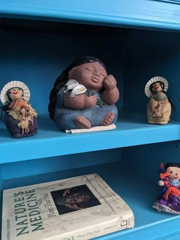 A blue shelf with a figurine of a sleeping baby in the center, flanked by two small woven dolls dressed in traditional clothing, and a book titled 'Natures Medicine' lying flat on the bottom shelf.