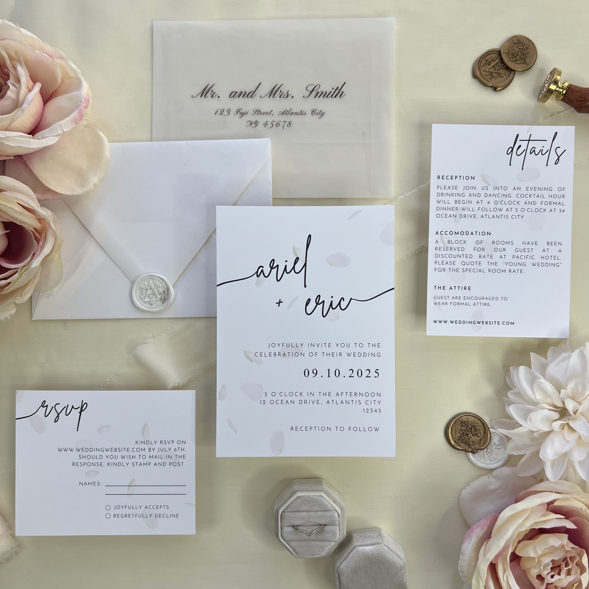 White Rose Petals Simple Invitation Set