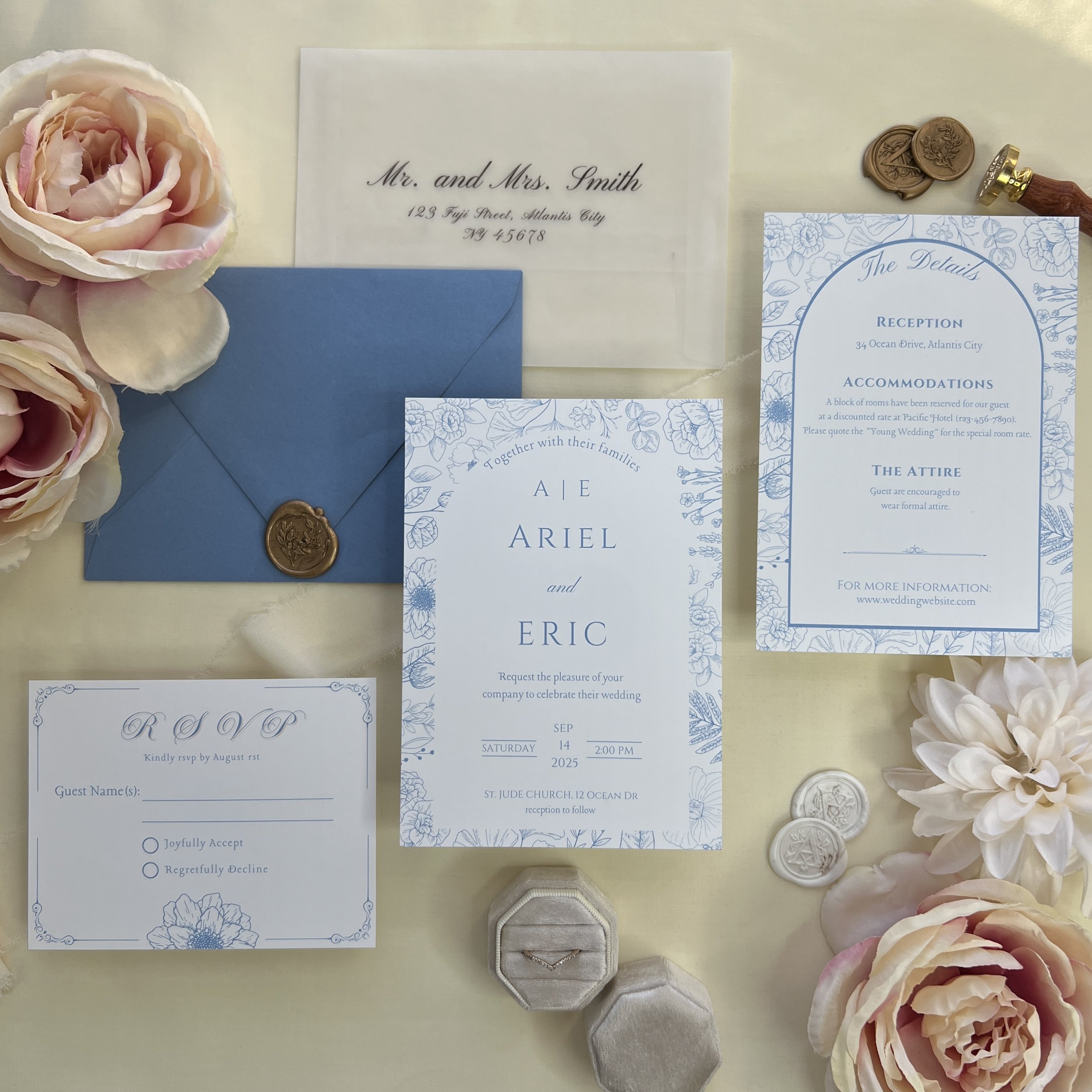 Blue Floral Garden Theme Invitation Set