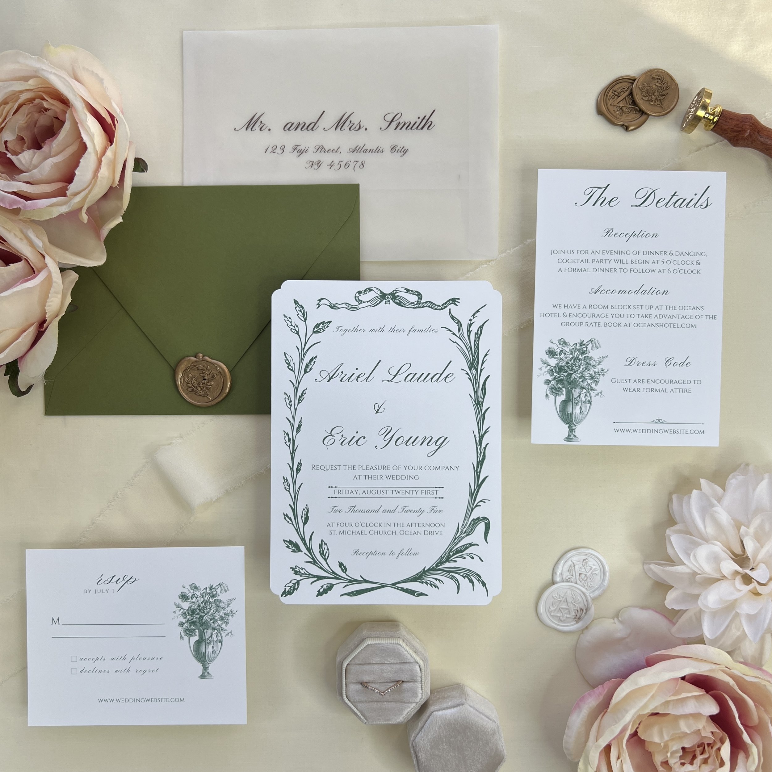 Vintage Hunter Green Floral Invitation Set