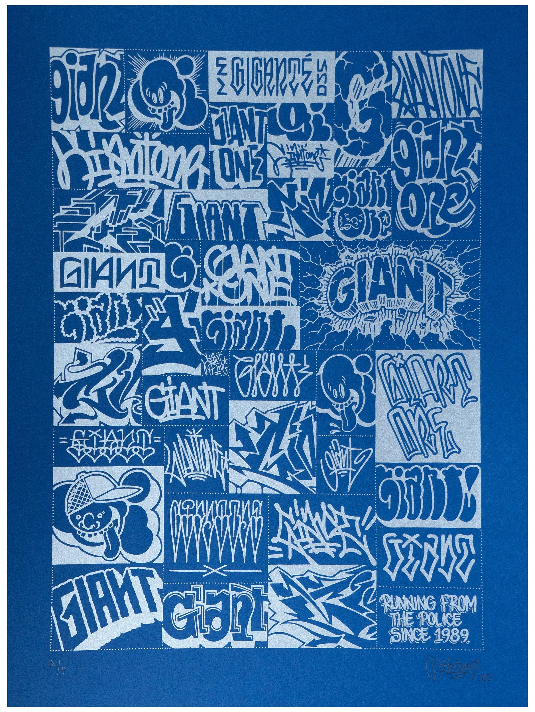 Mike Giant-Running From Police (Blue/Silver) Screenprint