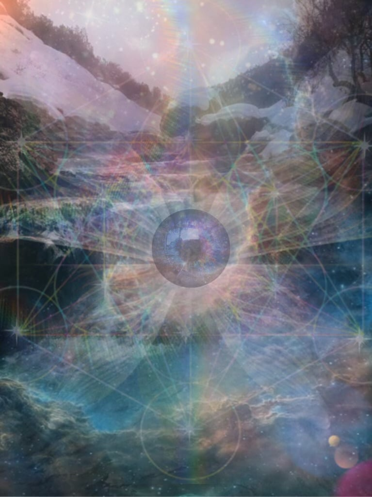 A surreal digital artwork combining a waterfall, clouds, and trees with colorful geometric patterns and glowing orbs, creating an ethereal, cosmic scene.