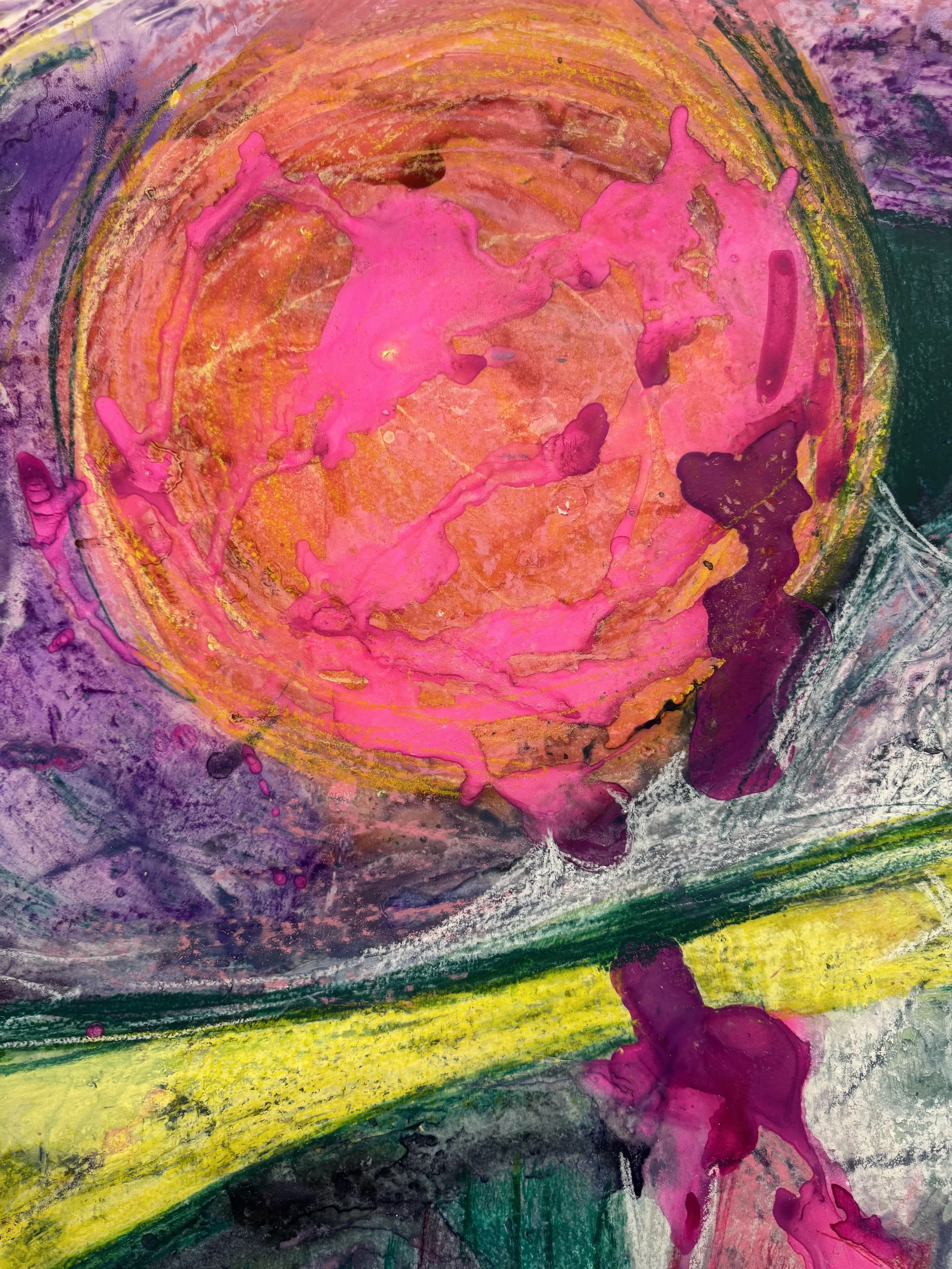 Abstract colorful painting with pink paint splatters and streaks on a background of purple, orange, yellow, green, and black colors.