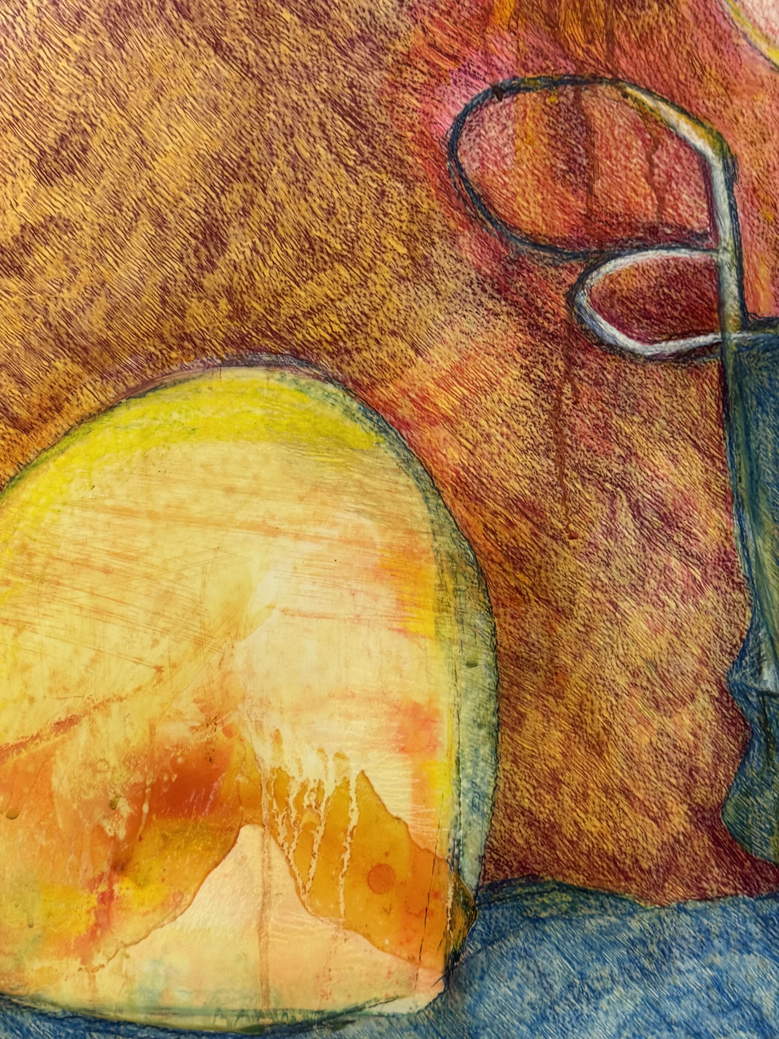 Colorful abstract drawing of a lemon and a tall glass with a flower in a vase, using vibrant colors and textured strokes.