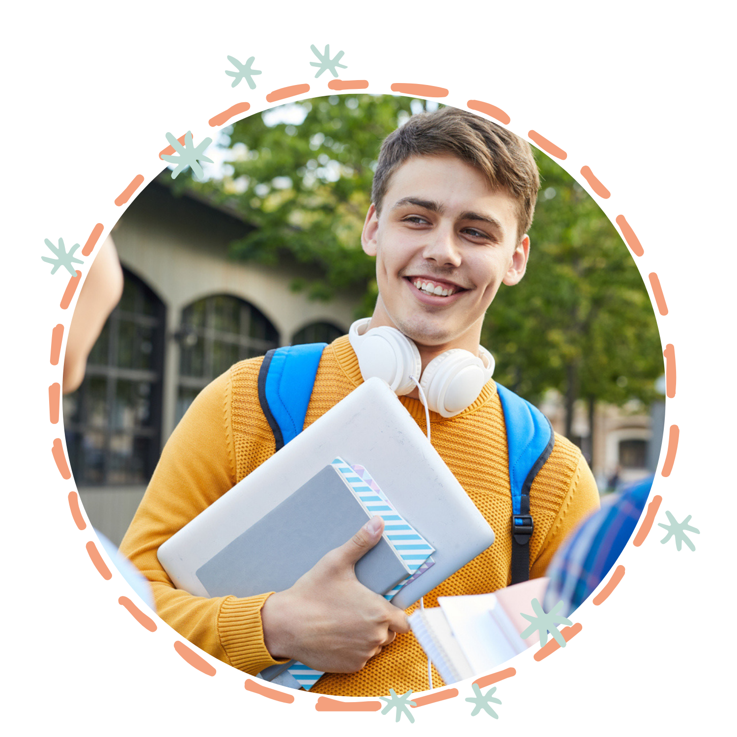 boy with headphones talking to friends after feeling confident from his speech therapy for stuttering