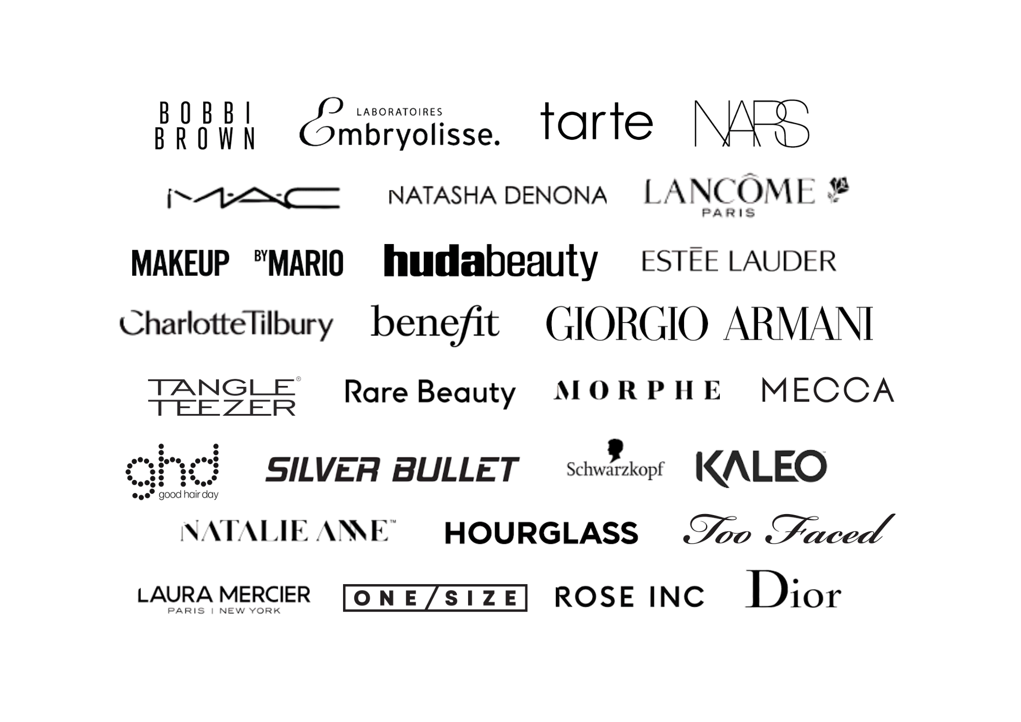 A collection of various cosmetic and beauty brand logos arranged in a collage.