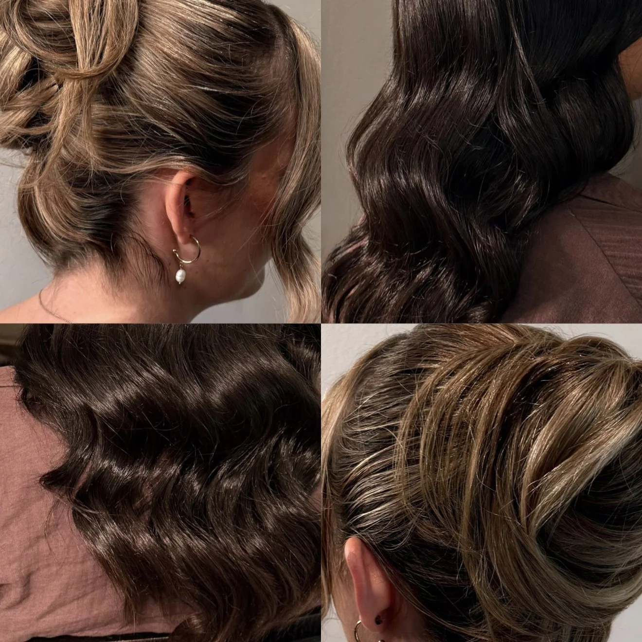 Collage of four close-up images showing hair transformation with shiny, wavy hairstyles in different hair colors including blonde, brunette, and dark brown.