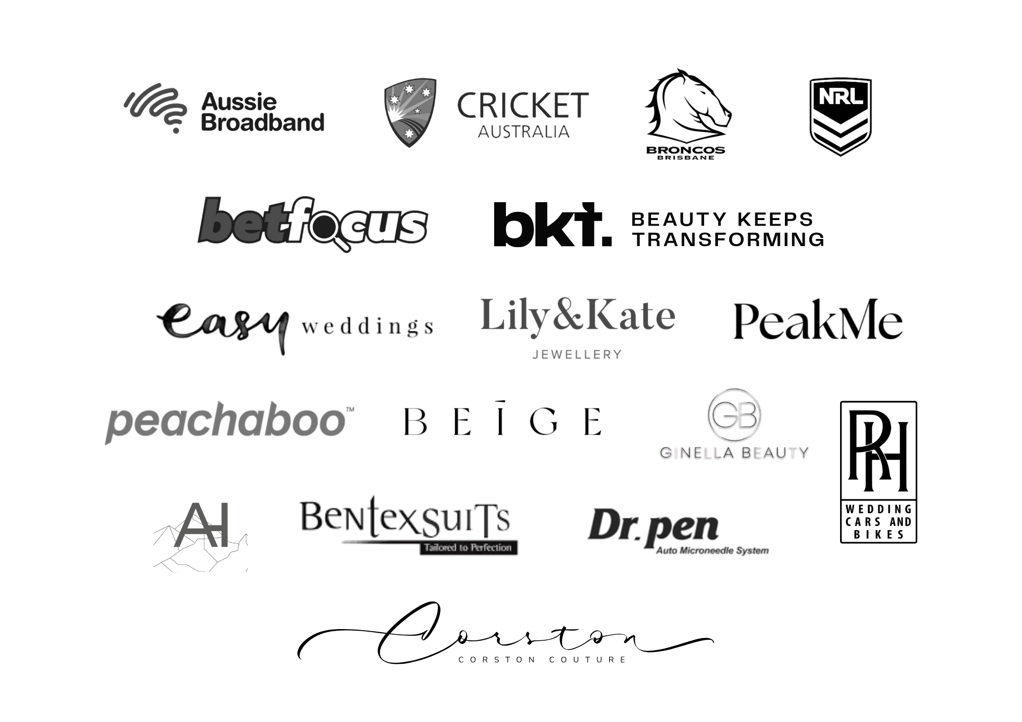 A collection of company logos that Aiza has worked with including Aussie Broadband, Cricket Australia, NRL, BetRight, Brisbane Bronco's , Ginella Beauty, and Corston Couture. The logos are arranged in a grid pattern.