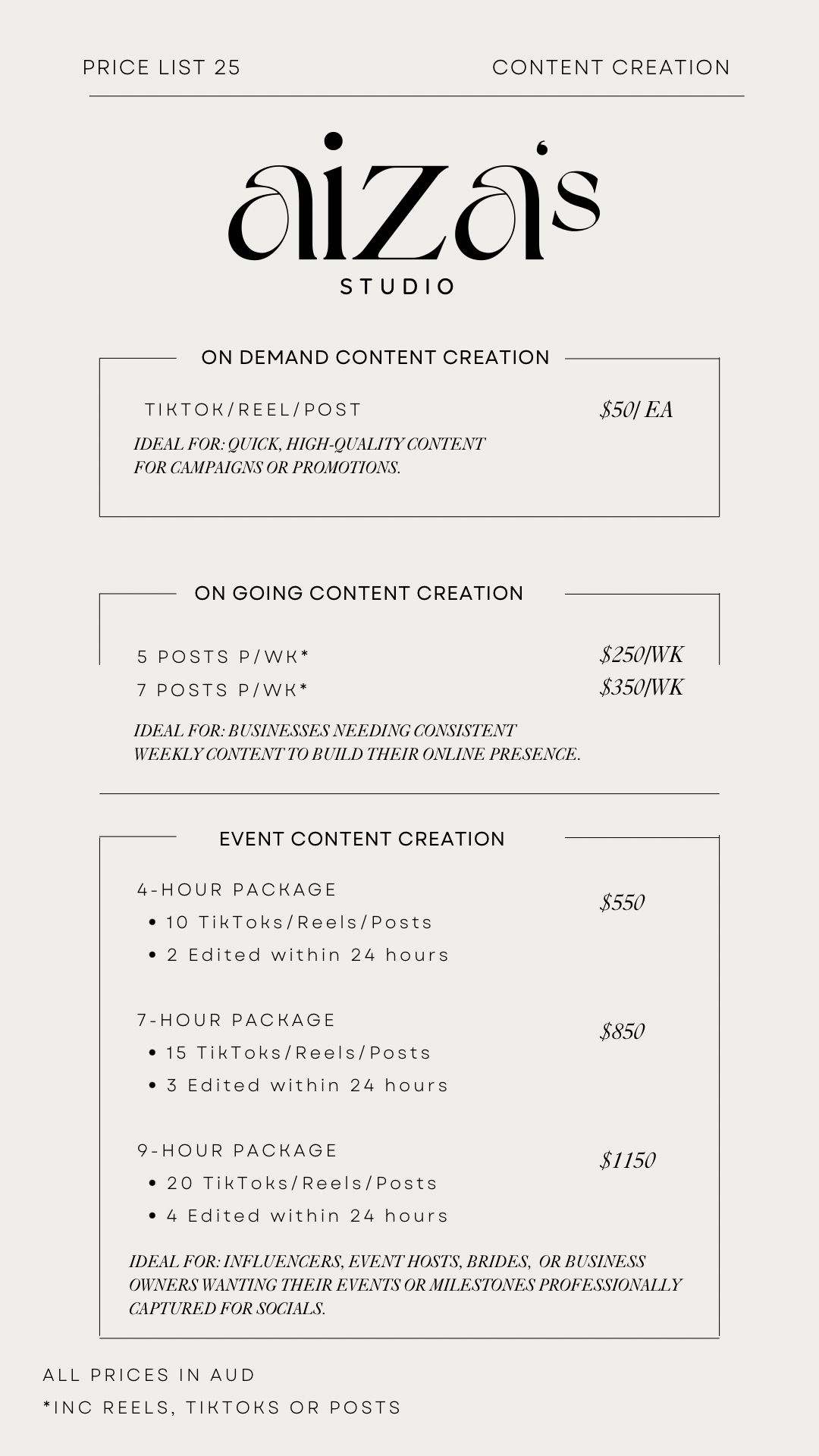 A price list for Aiza's Studio services, including content creation for TikTok, reels, and posts, with different packages for ongoing and event content creation, priced in AUD.