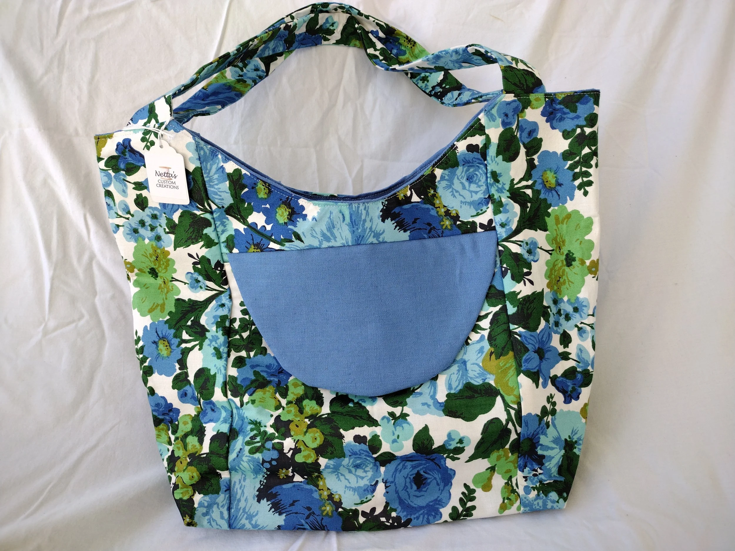 Blue Floral Curved Tote - Extra Large