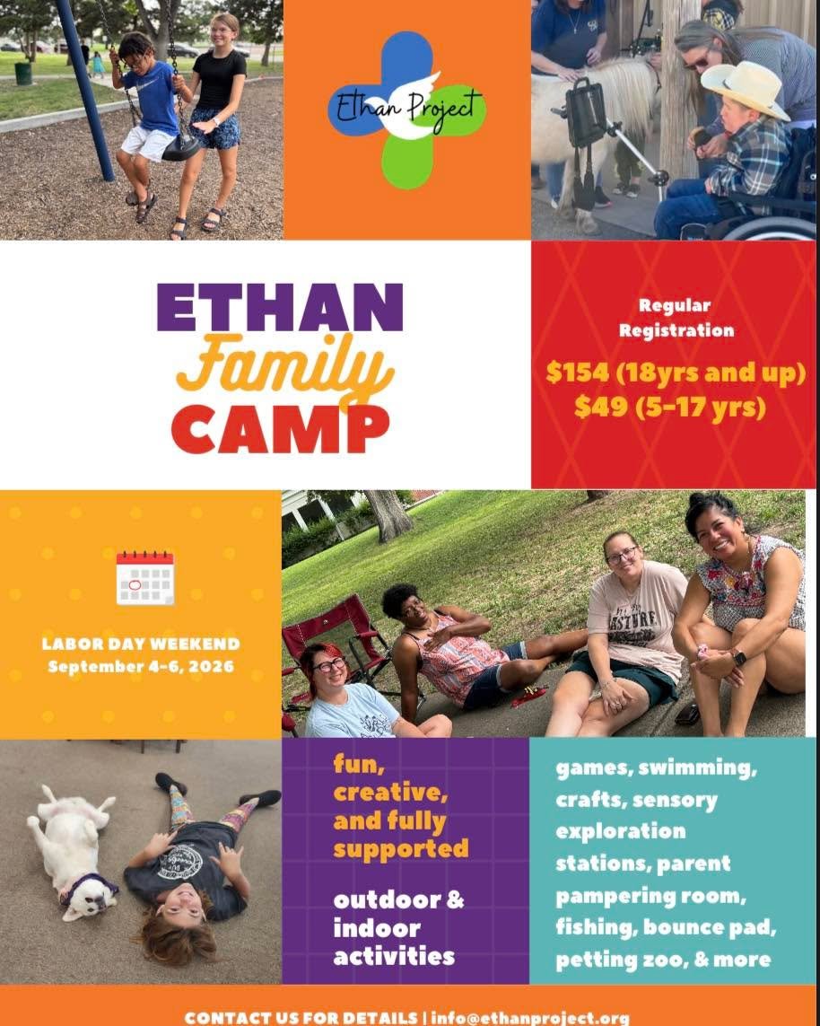 ETHAN Project is going to camp at Ceta Canyon this Labor Day weekend!

ETHAN Family Camp is a fun, creative, and fully supported getaway for families of children with social, developmental, or physical needs. Families will enjoy games, swimming, craf