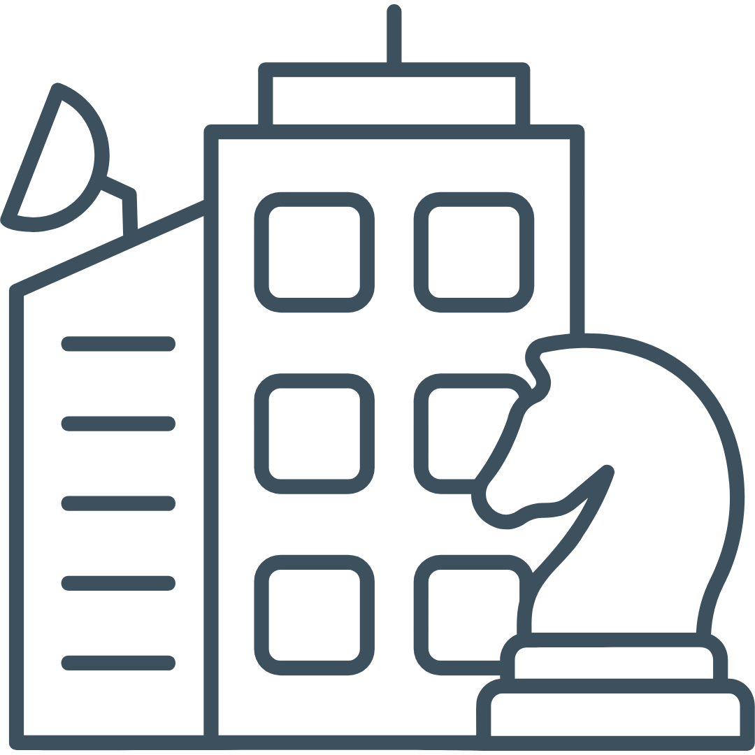 Outline of a hand holding a block of buildings and a satellite dish, representing urban or city infrastructure.