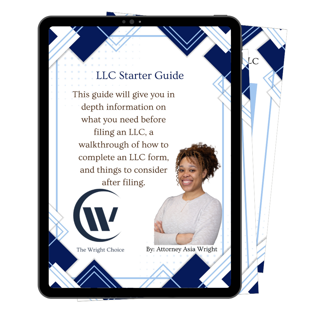 Digital image of a starter guide for LLC formation titled 'LLC Starter Guide'. The guide features a professional woman smiling and crossing her arms, with a geometric blue and white background design.