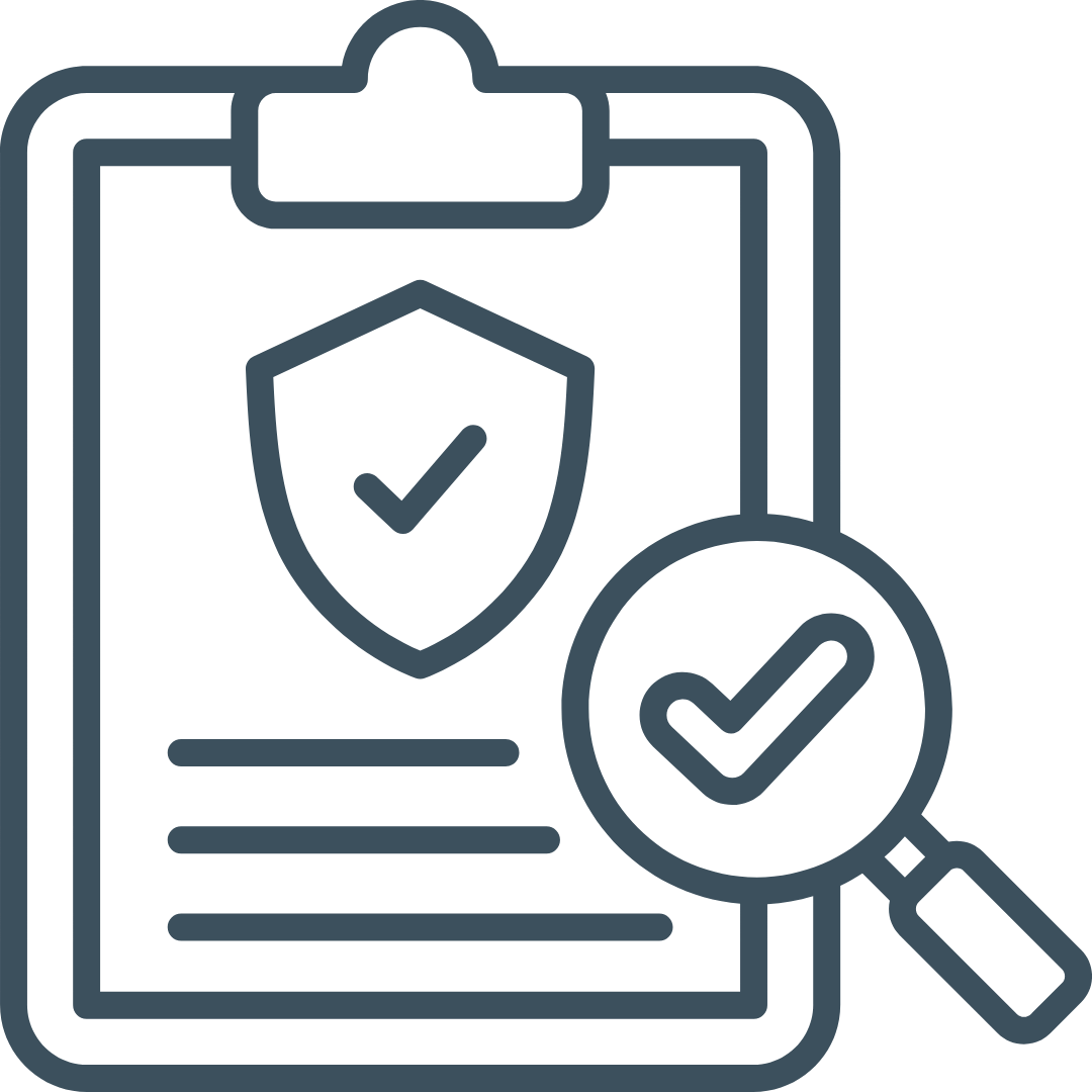 An icon of a clipboard with a shield and checkmark, a magnifying glass with a checkmark, symbolizing security or verification.