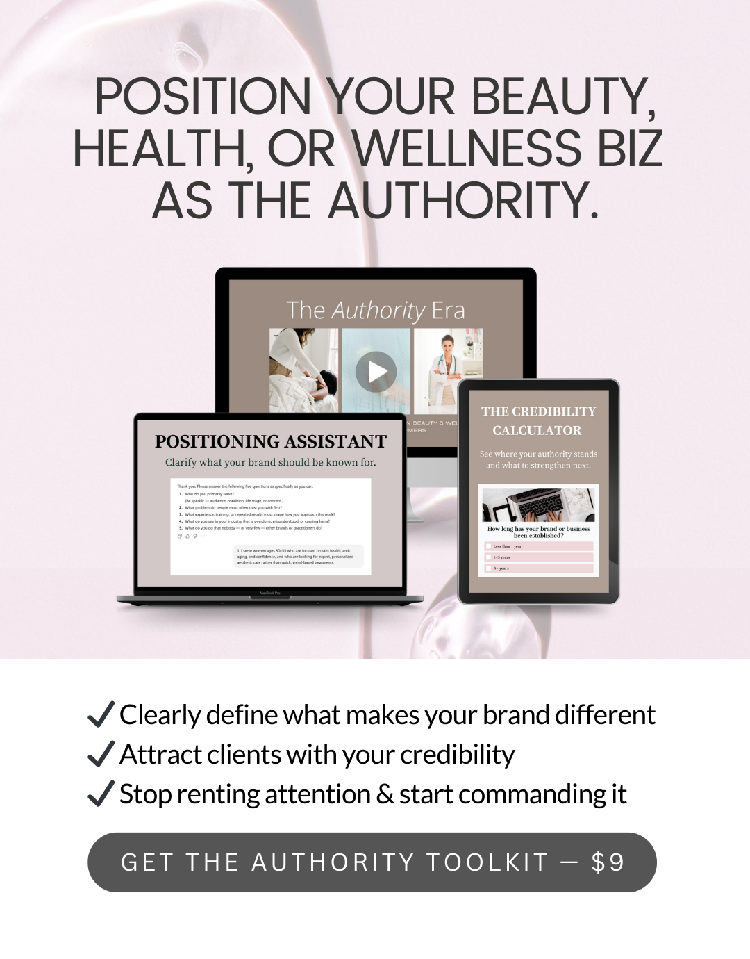 Digital marketing advertisement promoting an authority toolkit for branding and attracting clients, featuring images of tablets and a laptop with related content.