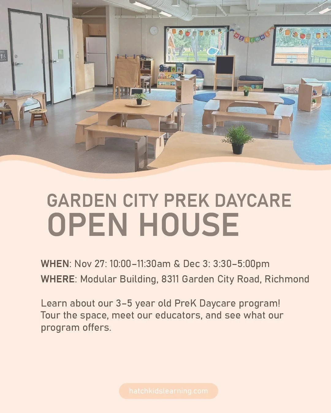 You're Invited: Garden City PreK Daycare Open House
Nov 27: 10:00&ndash;11:30am
Dec 3: 3:30&ndash;5:00pm

Learn about our 3&ndash;5 year old PreK Daycare program (open 8:00am&ndash;5:30pm).
Tour the space, meet our educators, and see what our program